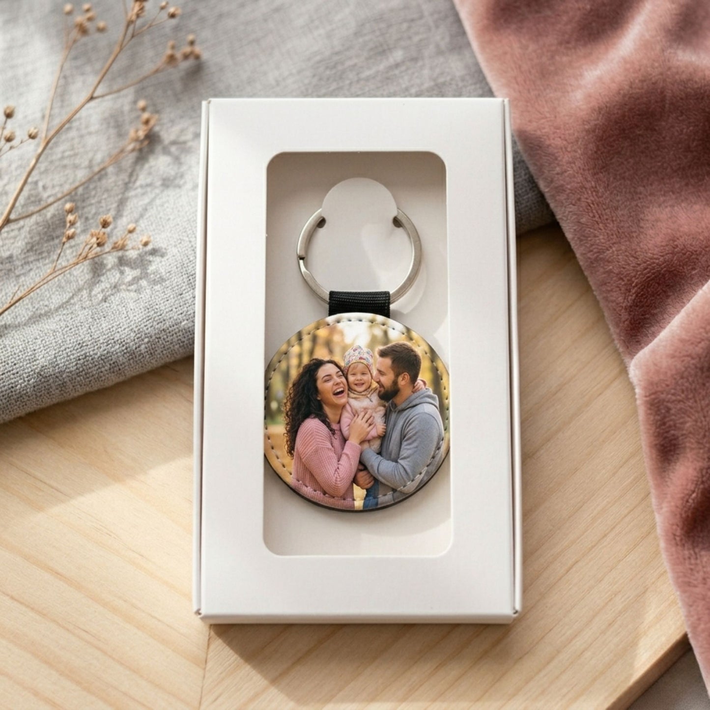 Personalizēts atslēgu piekariņš ar foto, eleganti iesaiņots baltā dāvanu kastītē ar lodziņu – gatava dāvana svētkos