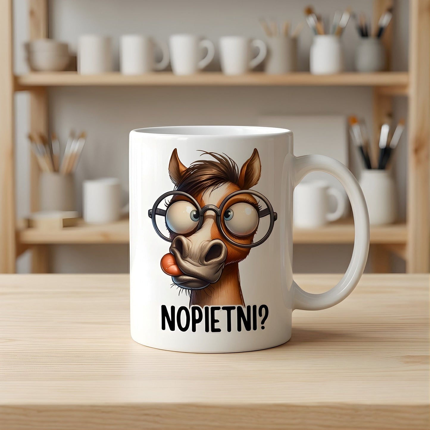 Balta 330ml keramikas krūze ar humoristisku zirga ilustrāciju, kuram ir lielas brilles, izbāzta mēle un apakšā teksts melniem burtiem "NOPIETNI?".