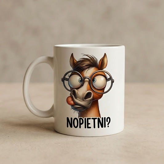 baltā keramikas krūze ar asprātīgo zirga ilustrāciju un uzrakstu "NOPIETNI?"