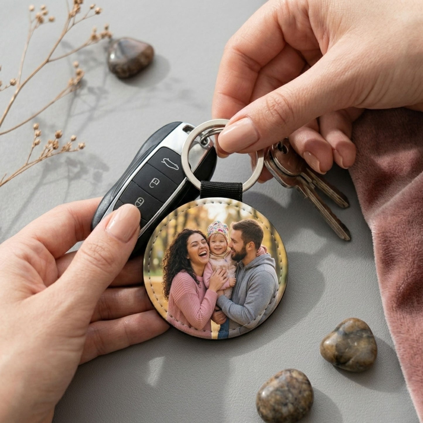 Personalizēts foto atslēgu piekariņš lietošanā kopā ar automašīnas atslēgām sievietes rokās, demonstrējot produkta mērogu un stilu