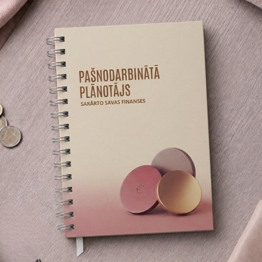 Bēšīgi rozīgs A5 pašnodarbinātā plānotājs ar cietiem vākiem un monētu dizainu