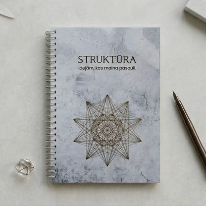 Minimālistiska pelēka spirālveida klade ar nosaukumu "STRUKTŪRA" un ģeometrisku zvaigznes simbolu uz gaiša, estētiska fona.
