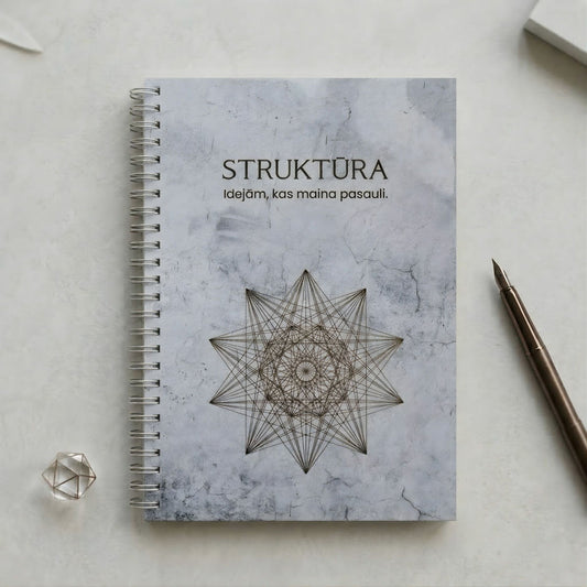 Minimālistiska pelēka spirālveida klade ar nosaukumu "STRUKTŪRA" un ģeometrisku zvaigznes simbolu uz gaiša, estētiska fona.