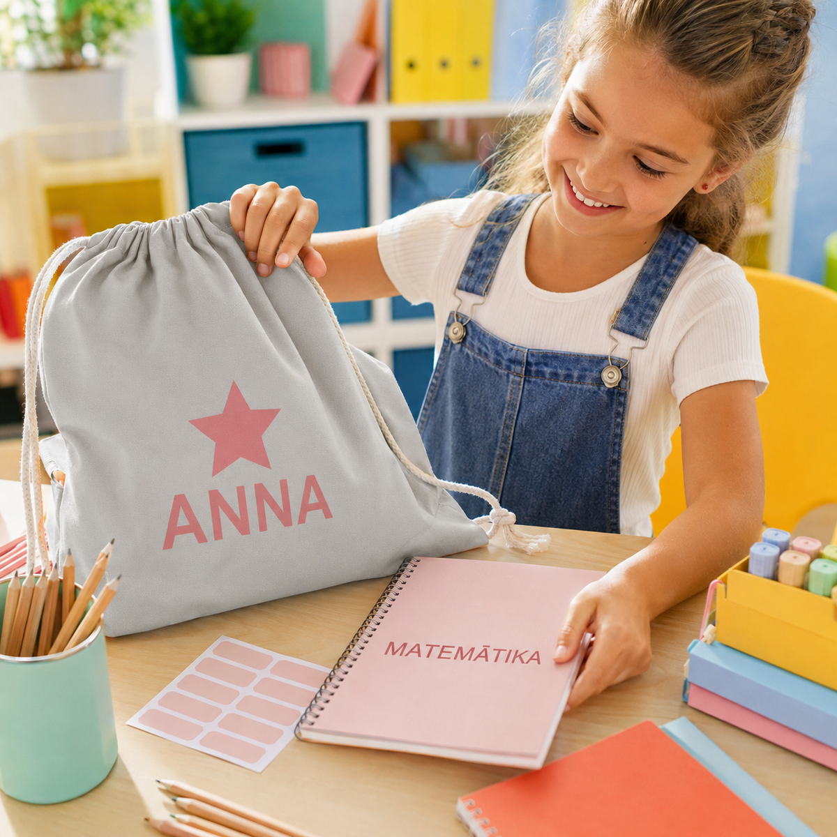 Skolniece ar personalizētu sporta maisiņu un matemātikas kladi