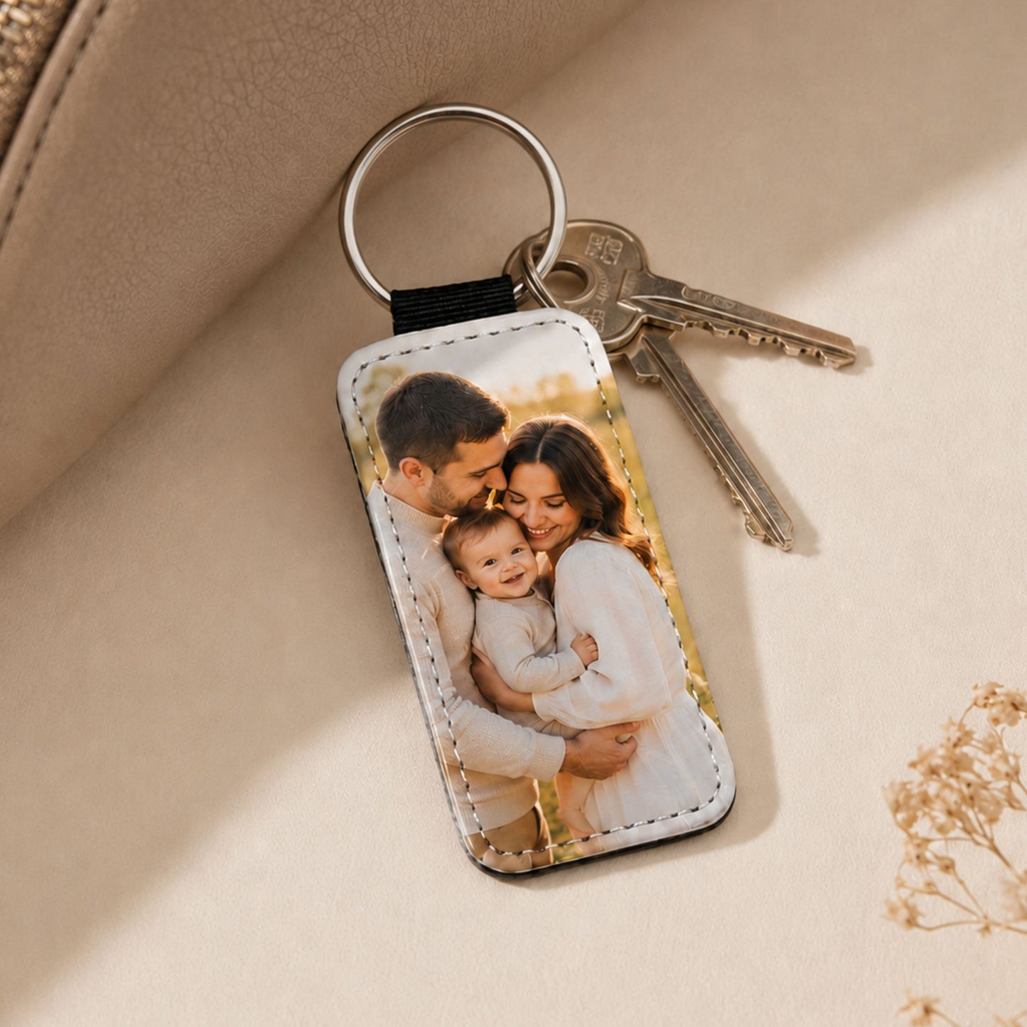 Personalizēts foto atslēgu piekariņš lietojumā kopā ar atslēgām