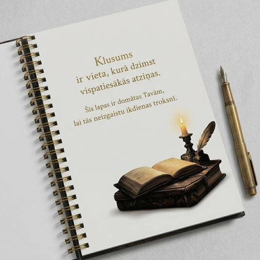 Atvērta piezīmju grāmatas titullapa ar iedvesmojošu citātu par klusumu, zelta krāsas spirāli un senu grāmatu ilustrāciju ar svecīti apakšējā stūrī.