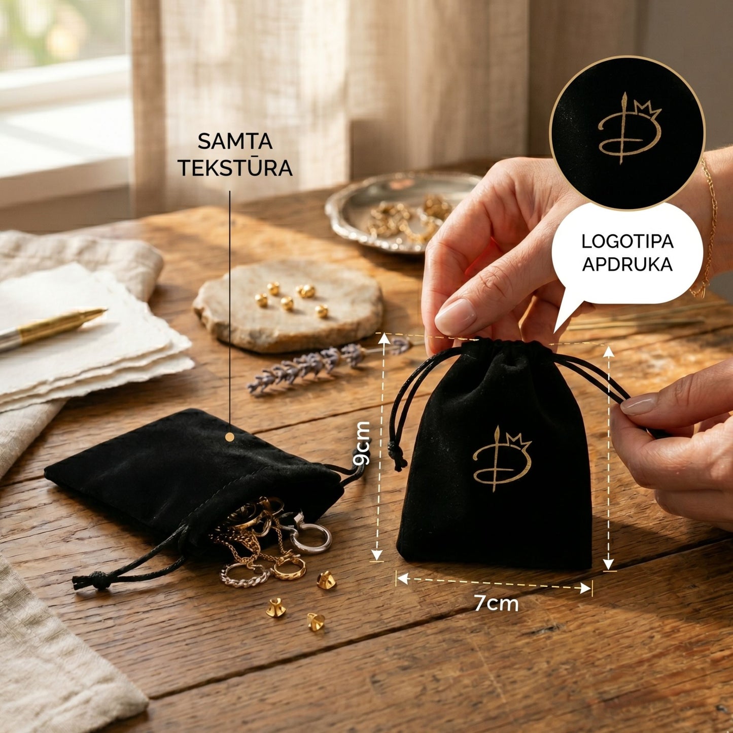 Melns samta maisiņš 9x7 cm ar zelta logotipa apdruku un norādītiem izmēriem.